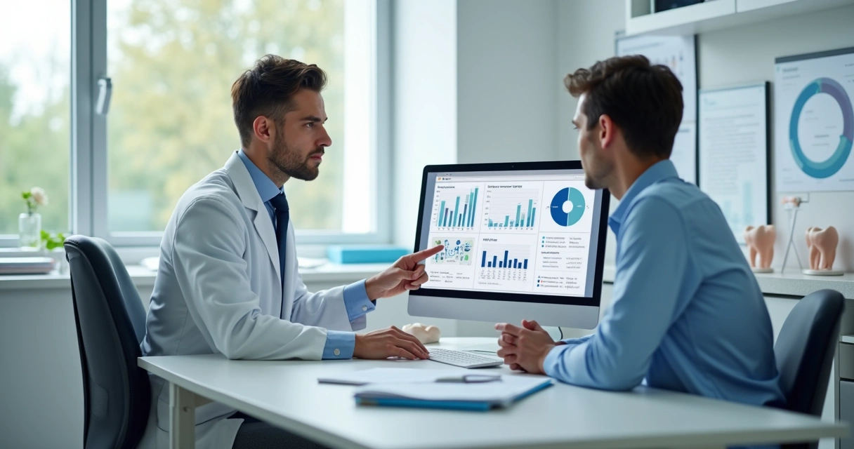 Consultor contábil trabalhando com dentista em escritório de clínica odontológica moderno