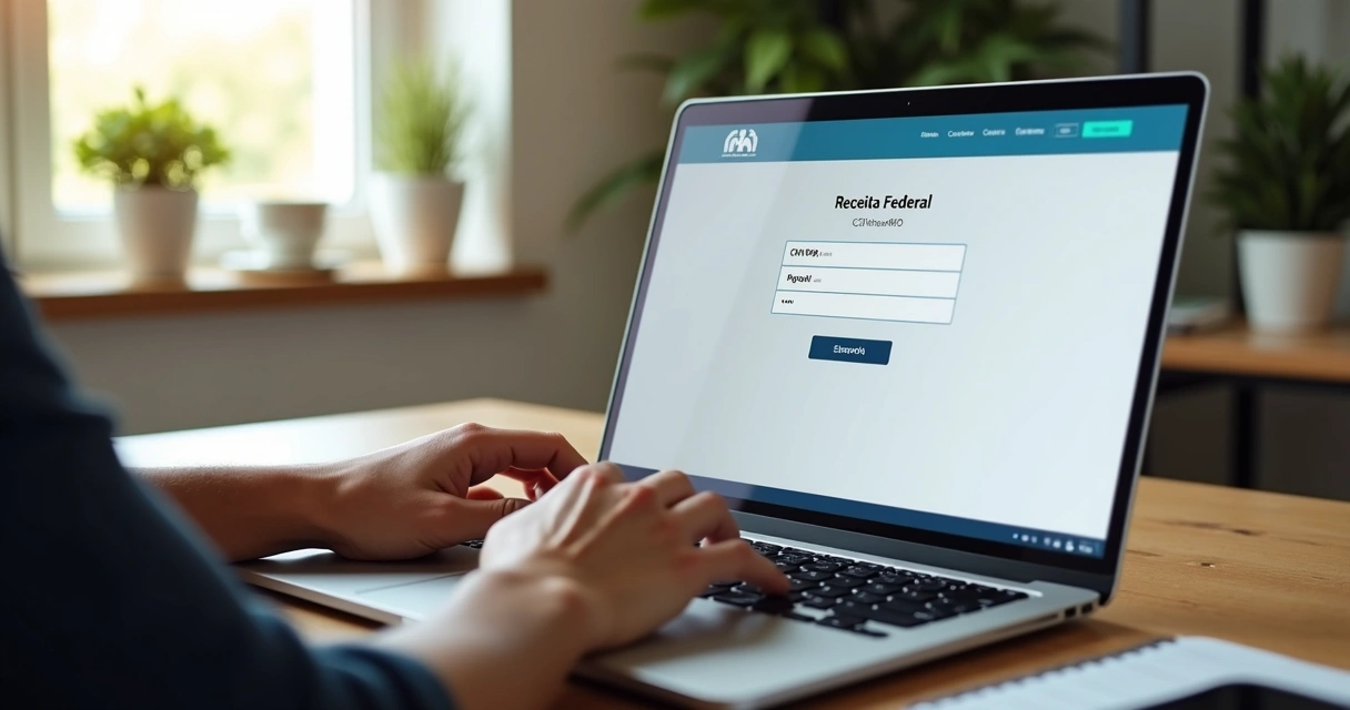 Mão usando computador na mesa para consultar CNPJ no site da Receita Federal