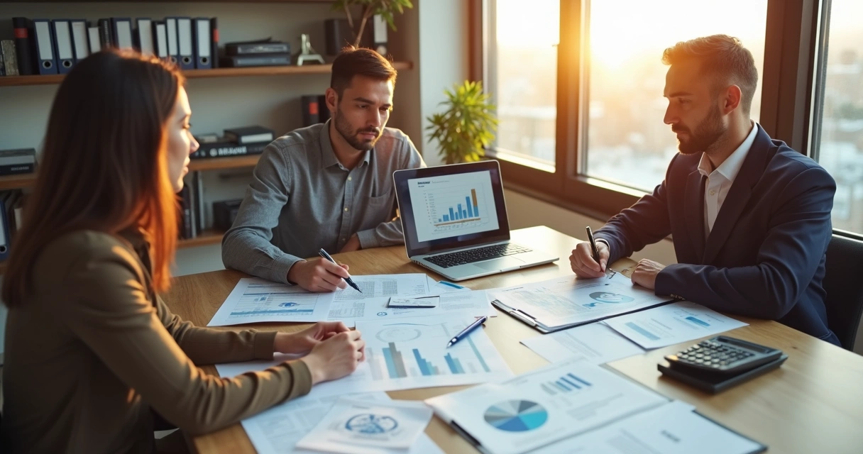 Consultor contábil explicando planejamento tributário para cliente com documentos e calculadora sobre mesa