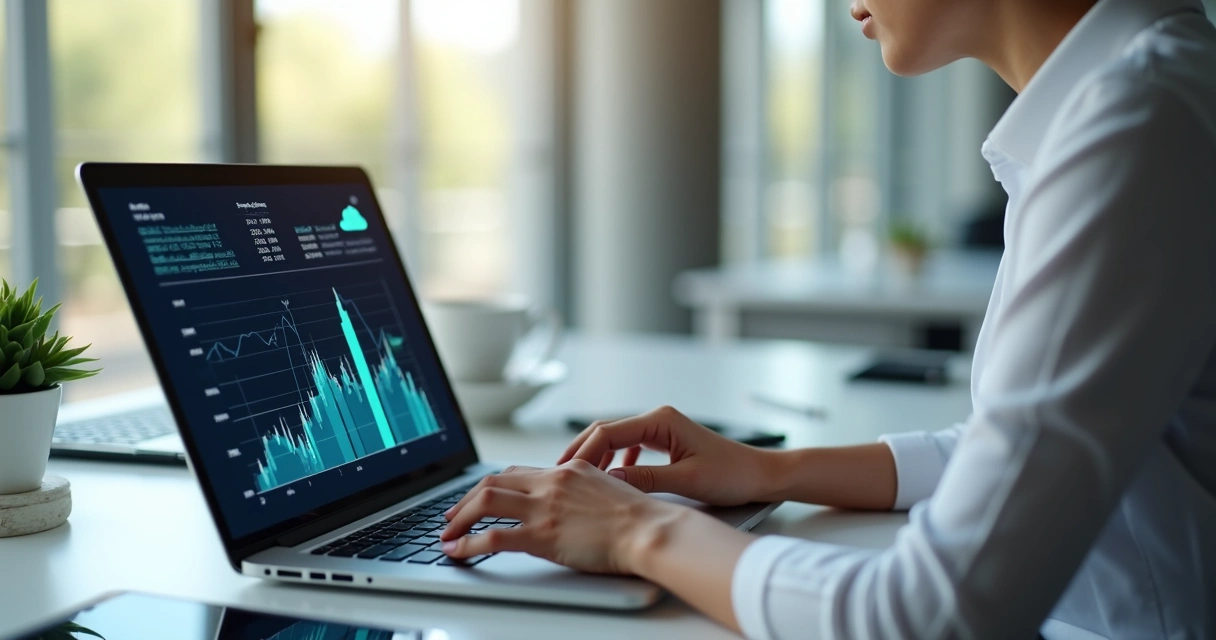 Profissional usando laptop com gráficos financeiros digitais e plataforma de contabilidade online numa mesa moderna e organizada