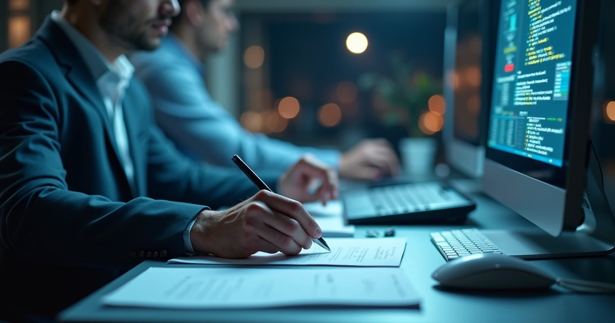 Empreendedor consultando no computador limite de faturamento do MEI com documentos e calculadora na mesa