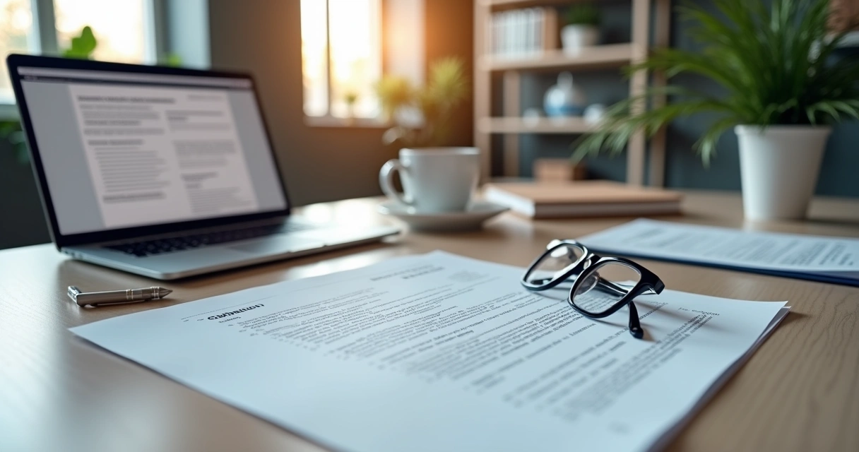 Mesa de escritório com documentos e contratos de empresa organizados de forma alinhada