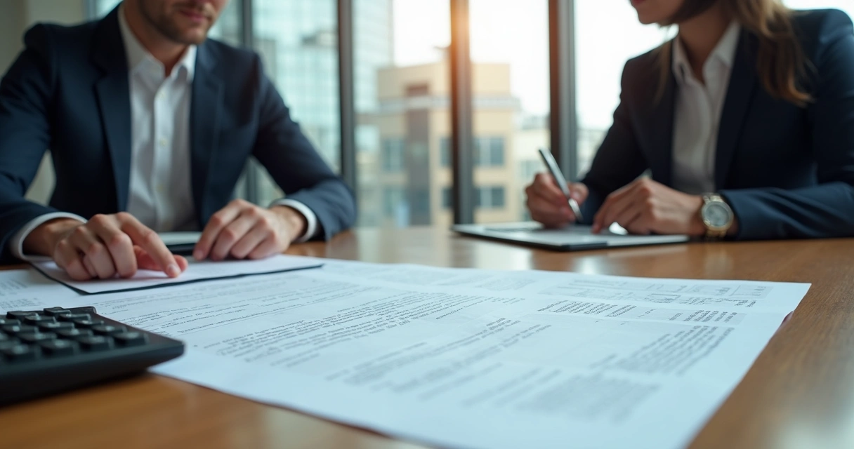 Reunião de negócios em escritório moderno com contratos e calculadora sobre a mesa