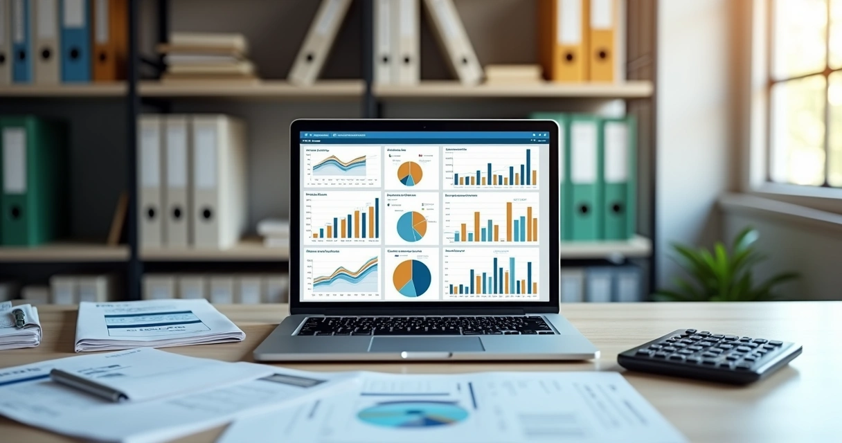Mesa de escritório com computador e documentos financeiros organizados, gráficos contábeis na tela e calculadora ao lado