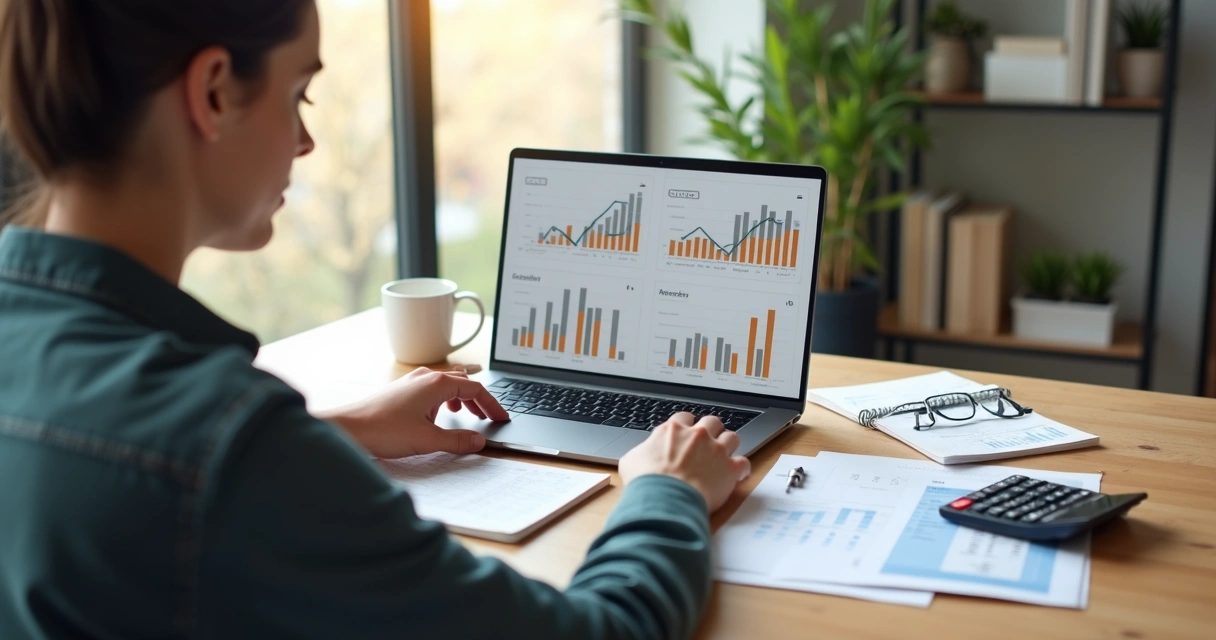 Influenciador digital analisando gráficos financeiros e calculadora em mesa moderna