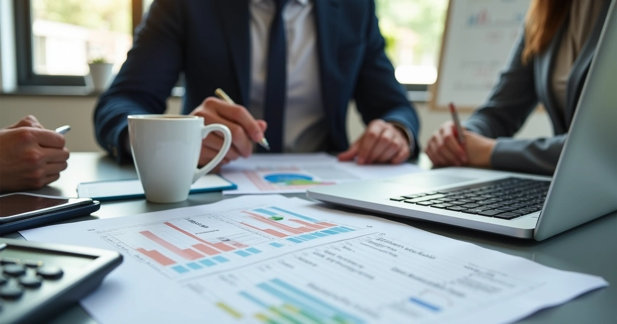 Mesa com documentos fiscais, laptop aberto mostrando planilhas e contador explicando regulações fiscais para empresário