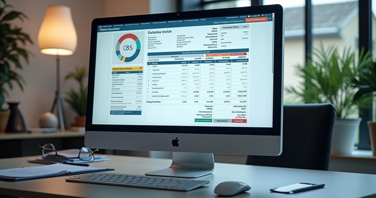 Tela de computador exibindo nota fiscal eletrônica com campos destacados para IBS e CBS, ambiente de escritório moderno