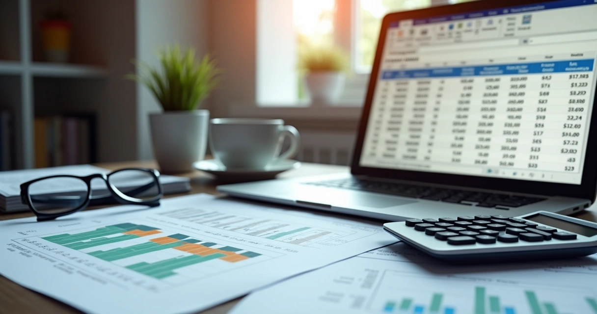 Mesa de escritório com calculadora, papéis financeiros e laptop exibindo planilhas de provisão do 13º salário