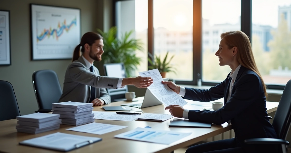 Pessoa entregando documentos para contador em escritório moderno com computador e papéis organizados