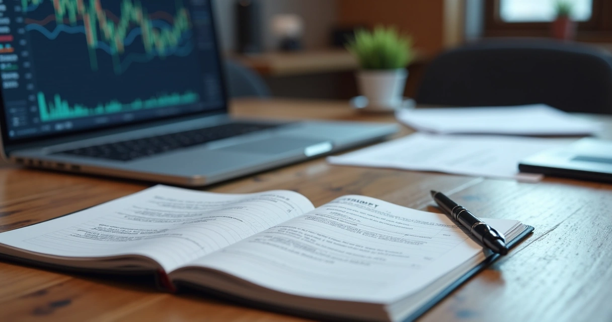 Mesa de trabalho com documentos legais, agenda aberta, caneta e laptop mostrando gráficos financeiros complexos
