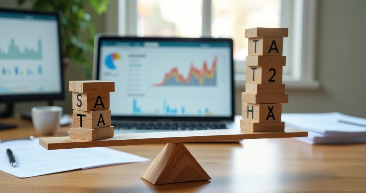 Balança de madeira equilibrando blocos com ícones de contabilidade e impostos em fundo de escritório moderno