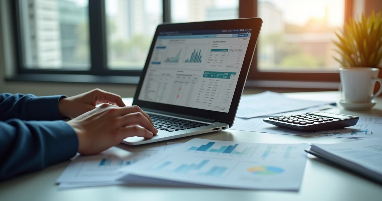 Pessoa calculando distribuição de lucros em escritório moderno com laptop e documentos financeiros