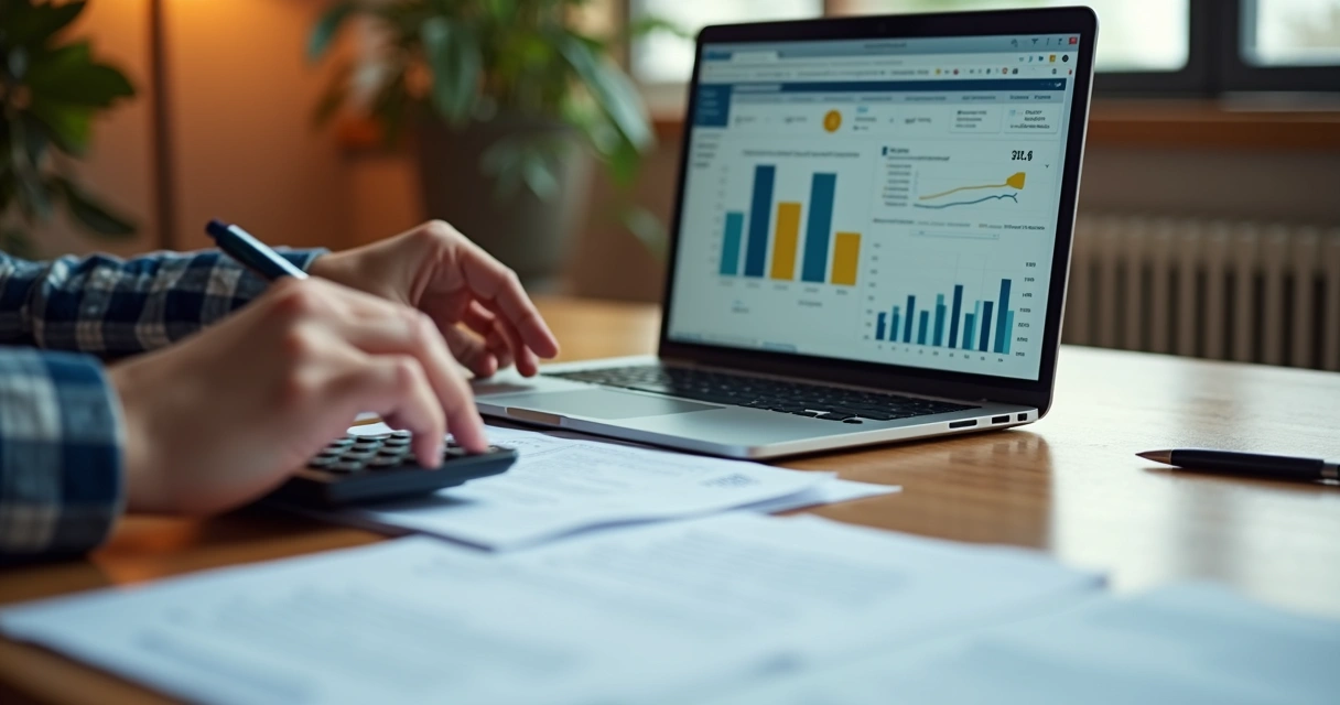 Pessoa analisando finanças com calculadora, laptop e documentos em mesa organizada