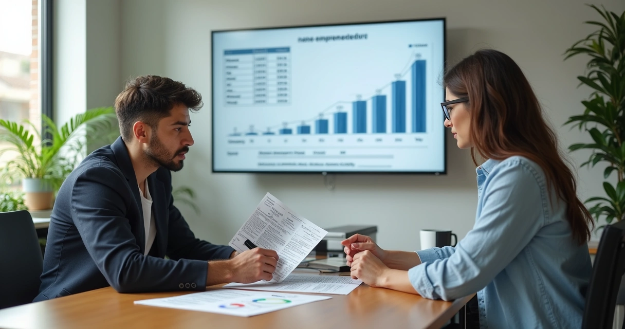 Dois empreendedores em um escritório moderno, um representando nano empreendedor e outro MEI mostrando documentos e gráficos comparativos