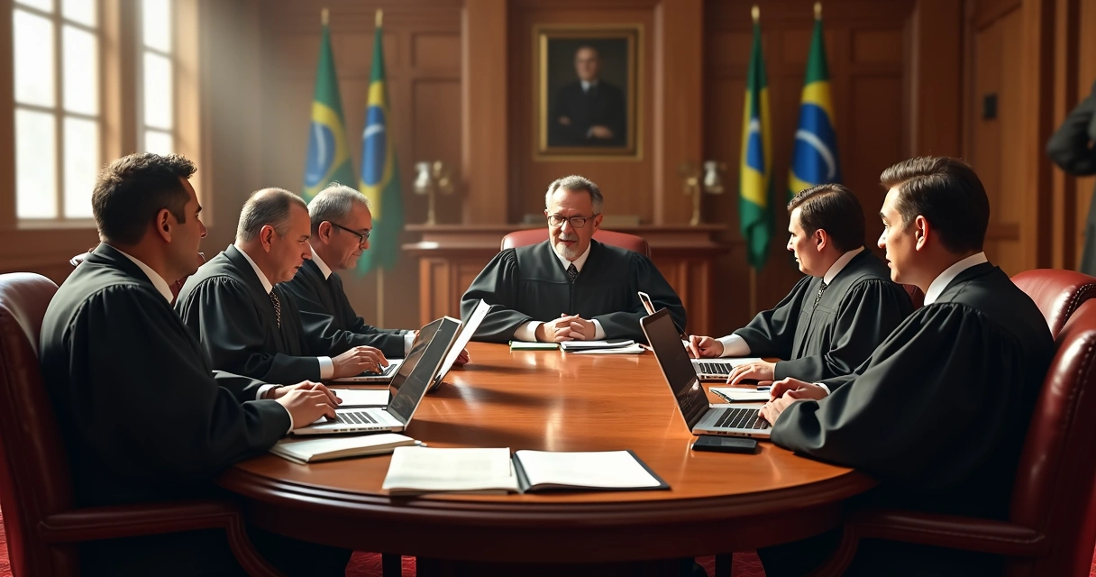 Juízes do STF em sessão deliberando sobre pejotização com documentos e laptops na mesa