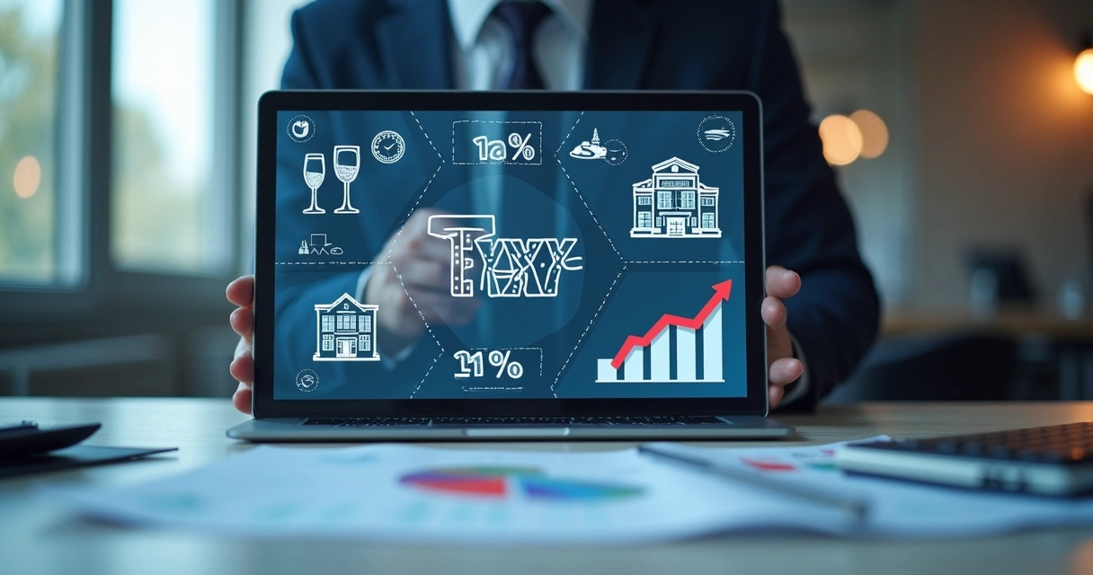 Conceito visual sobre impactos da nova lei tributária em setores essenciais com ícones de bares, imóveis e setor de serviços