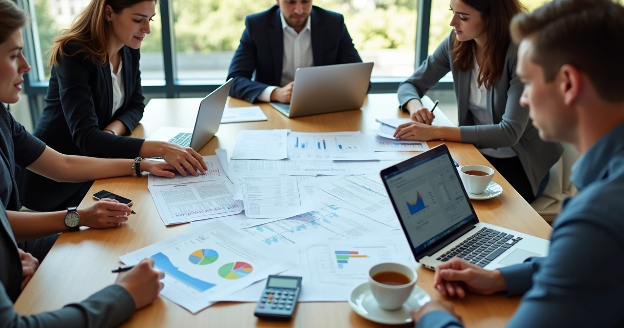 Mesa de reunião com pessoas analisando gráficos financeiros e documentos sobre planejamento tributário