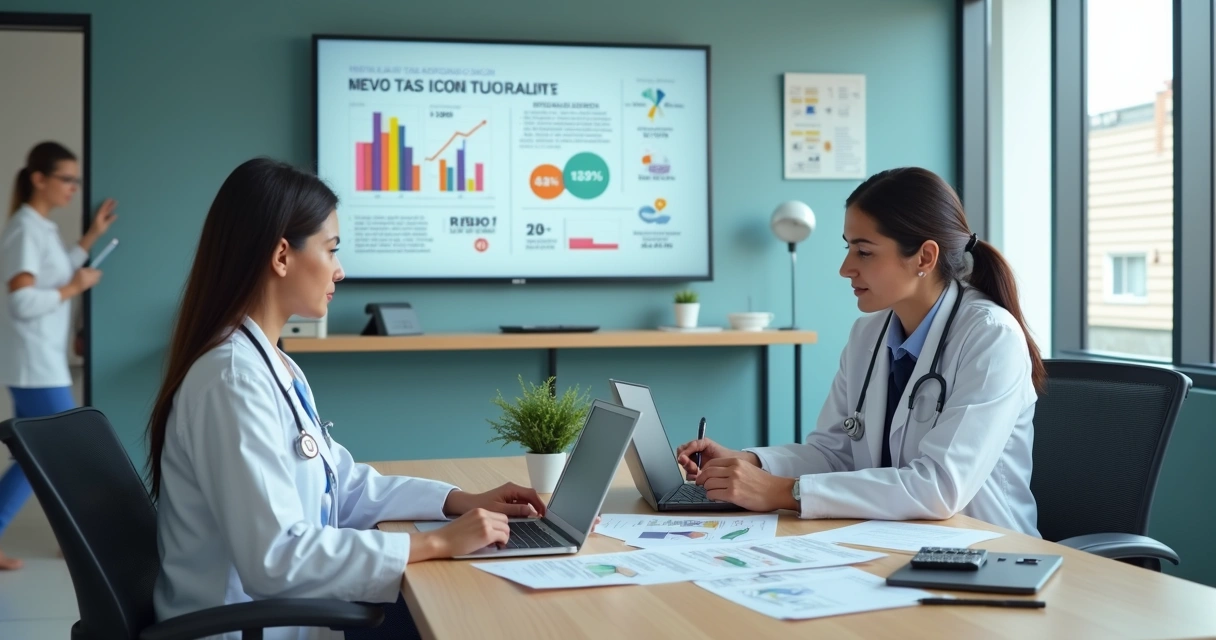 Médica e contador analisando gráficos financeiros em clínica médica moderna