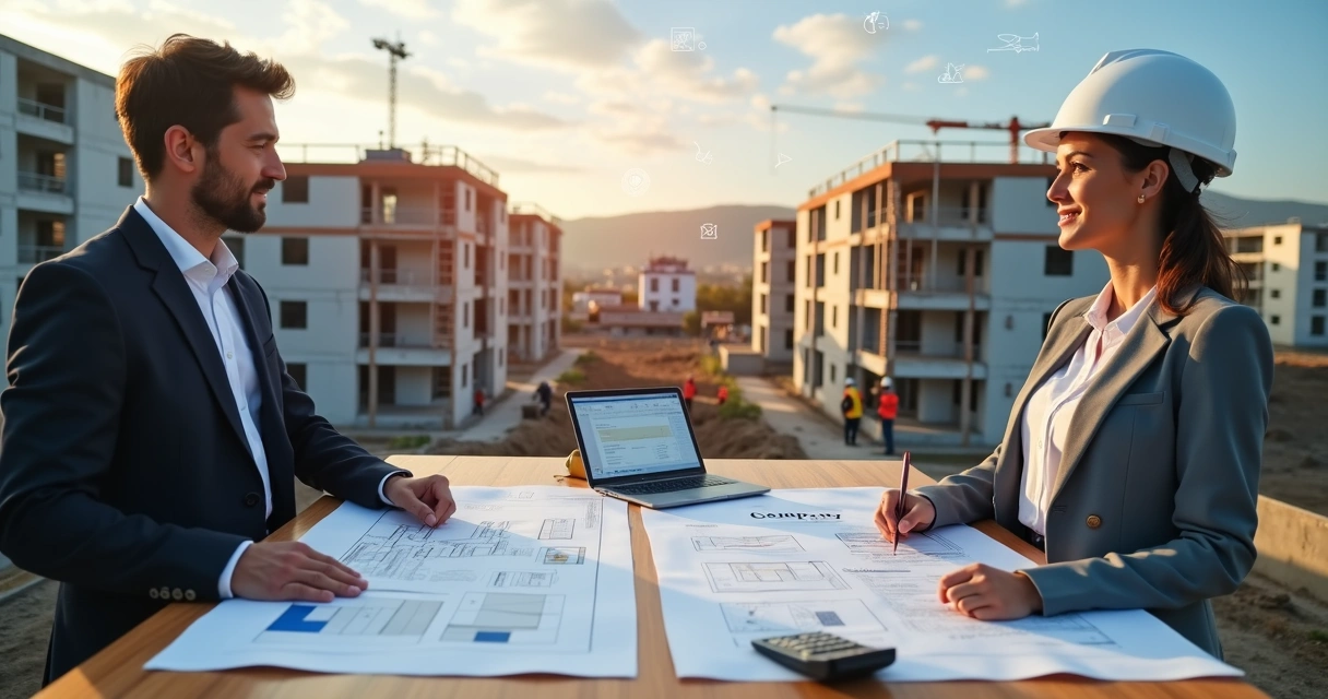 Empresário e arquiteta analisando planta de prédio em construção com ícones de impostos