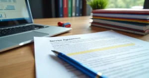 Mesa de escritório com contrato de prestação de serviço organizado e carimbo de aprovado