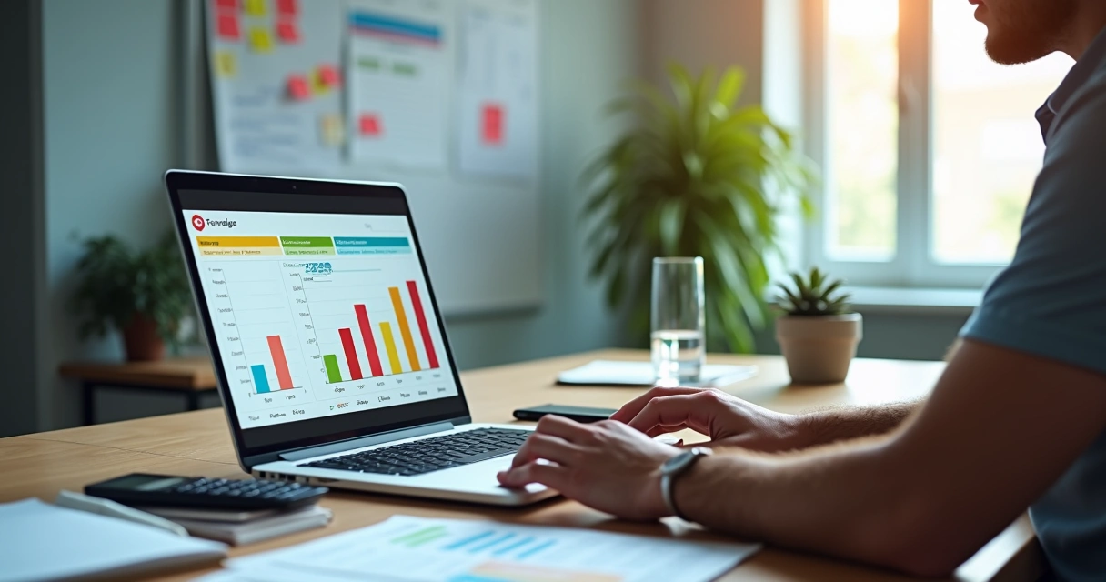 Empresário analisando planilha de controle financeiro mensal no notebook