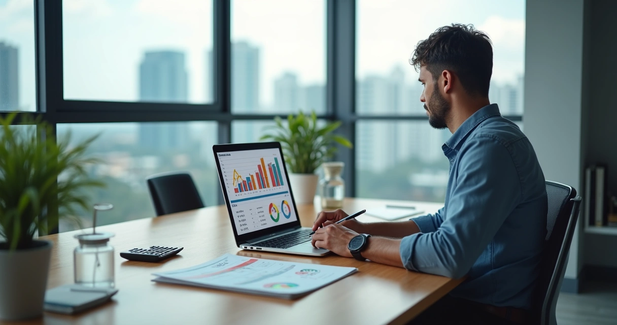 Empresário analisando gráficos de impostos no notebook em escritório moderno