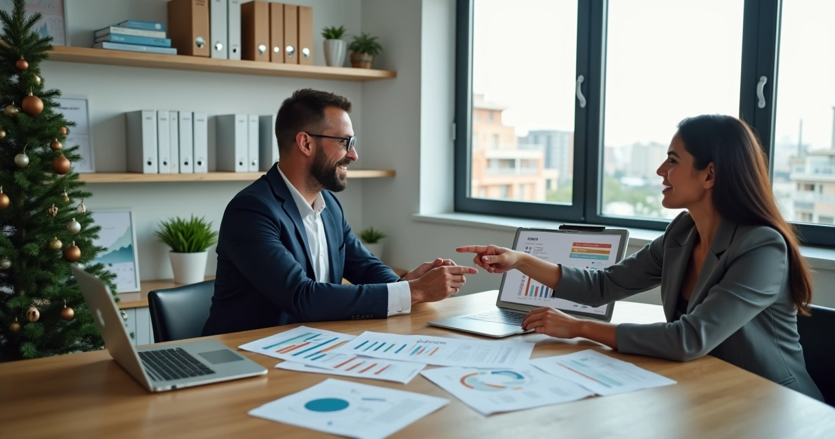 Empresário analisa documentos fiscais com nova contadora em reunião de fim de ano
