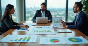 Empresários analisando gráficos sobre distribuição de lucros em reunião financeira