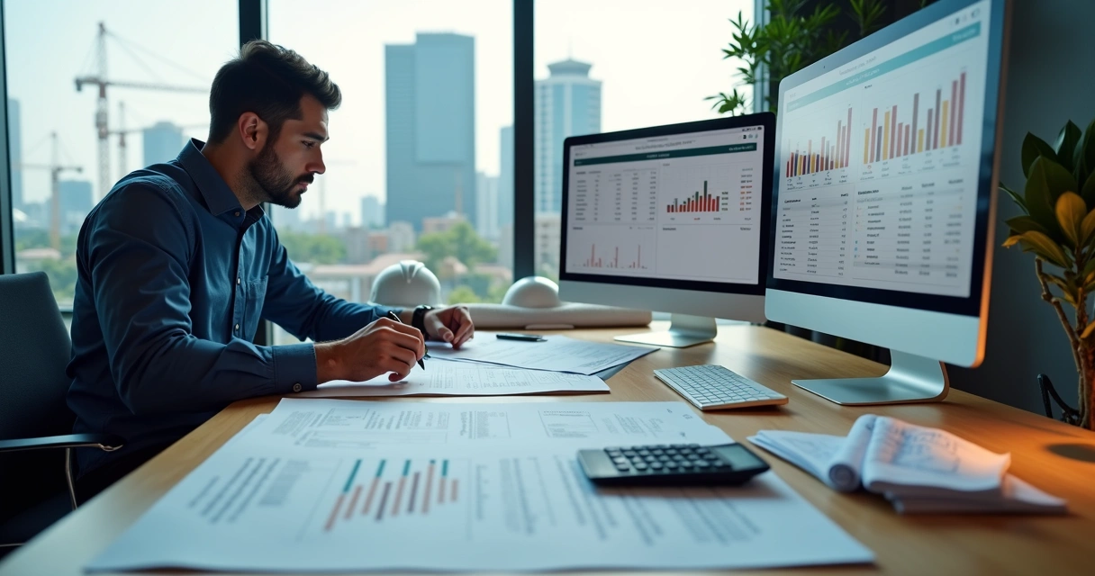 Engenheiro analisando contratos e gráficos financeiros em escritório moderno