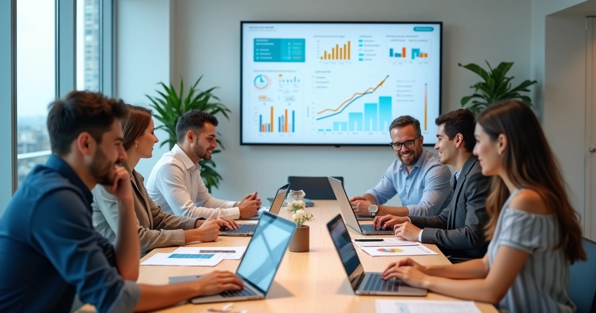 Equipe contábil utilizando tecnologia em reunião financeira com gráficos na tela
