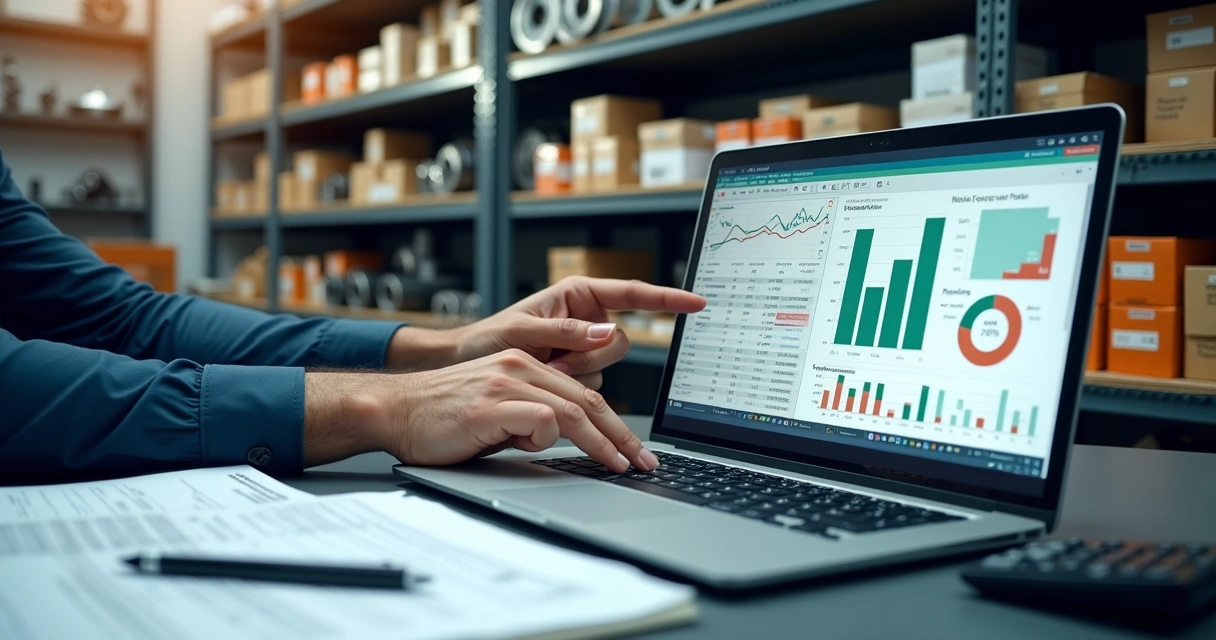 Gestor de autopeças analisando gráficos fiscais ao lado de peças automotivas