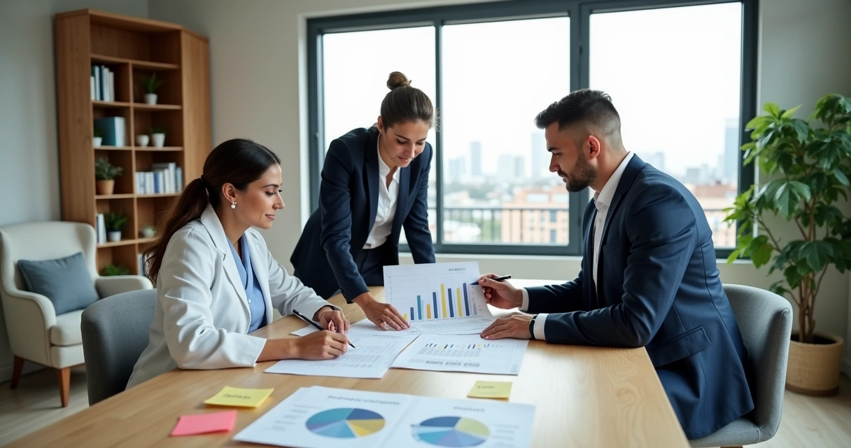 Profissionais de psicologia e fonoaudiologia analisando reforma tributária em consultório moderno