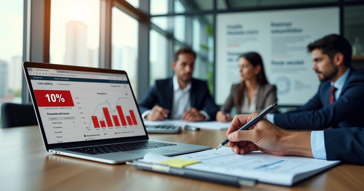 Equipe financeira analisando retenção de 10 por cento de IRRF em relatórios da empresa