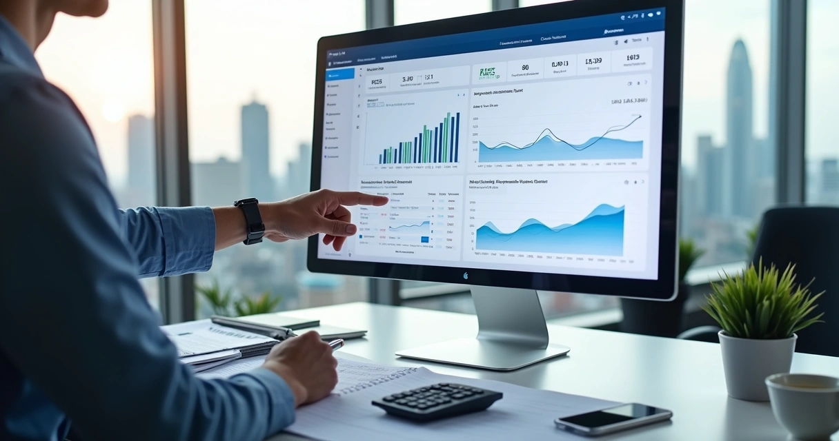 Profissional analisando software de gestão contábil em escritório moderno