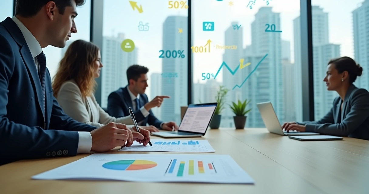 Equipe de contabilidade analisando gráficos fiscais em escritório moderno