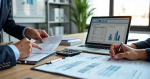 Equipe contábil revisando documentos fiscais em escritório moderno