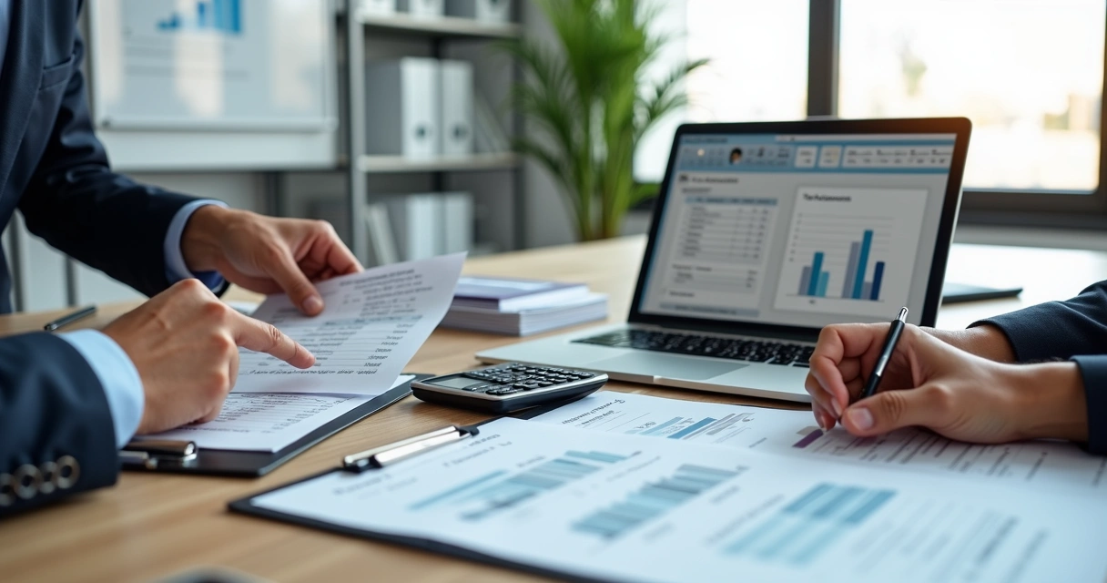 Equipe contábil revisando documentos fiscais em escritório moderno