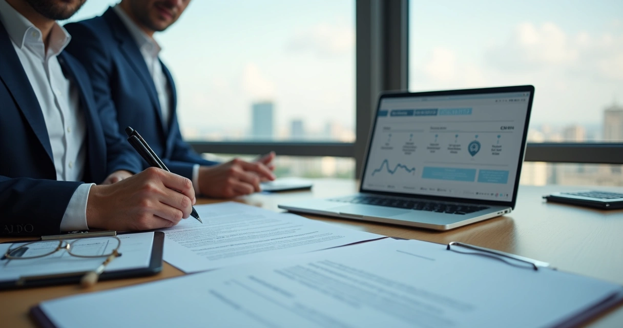 Empresário assinando documentos de encerramento de empresa com apoio de contadora