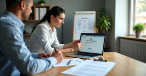 Empresário e contadora analisando documentos de abertura de empresa Simples Nacional em escritório moderno