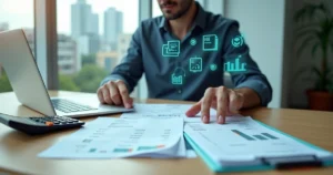 Empreendedor analisando custos para abrir empresa com documentos, notebook e calculadora sobre a mesa