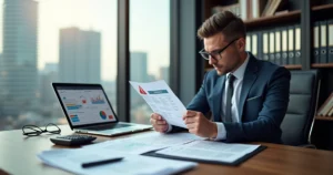 Administrador analisando documentos fiscais com destaque para alerta de riscos tributários