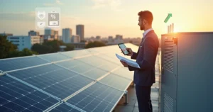 Empresário analisa contrato ao lado de gerador solar em telhado de empresa