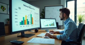 Empresário analisando cálculo de CBS e IBS no computador com gráficos de impostos
