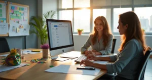 Gestor e funcionária analisando escala de trabalho no Carnaval em escritório decorado com cores carnavalescas