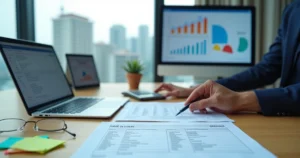 Contador analisando CNAE e código de serviço em documentos fiscais na mesa