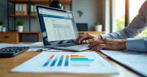 Empresário analisando código CNAE no notebook com gráficos e documentos fiscais