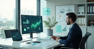 Contadora analisando impostos de empresa de saúde em escritório moderno