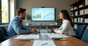 Empresário e contadora analisando distribuição de lucros em relatório financeiro