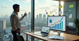 Empreendedor analisando gráficos de negócios em escritório moderno