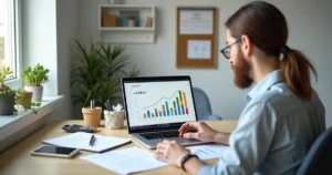 Empreendedor MEI sentado em escritório pequeno analisando gráficos de crescimento no notebook